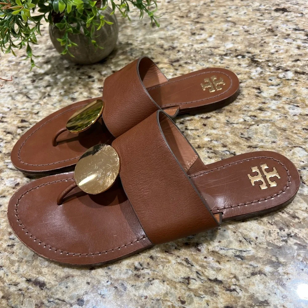 Tory Burch Patos Disk Brown Leather Flat Sandals 9.5